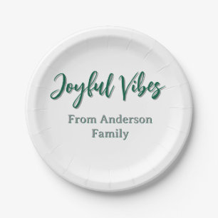 Joyful vibes christmas green holiday family name paper plates