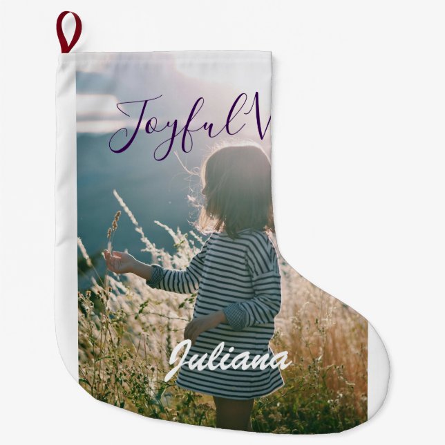 Joyful vibes kids photo purple holidays name gifts large christmas stocking (Front)