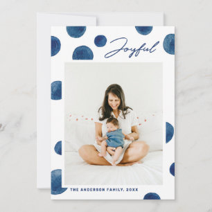Joyful. Watercolor blue polka dots Christmas Holiday Card