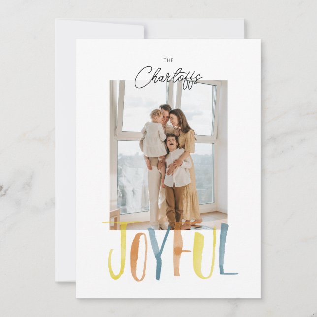 Joyful Watercolor Brush Lettering Flat Holiday Card (Front)