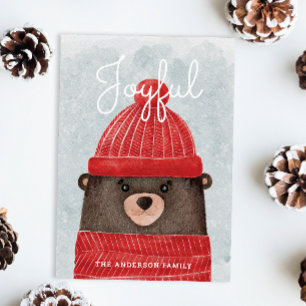Joyful. Watercolor Christmas woodland bear animal Holiday Card