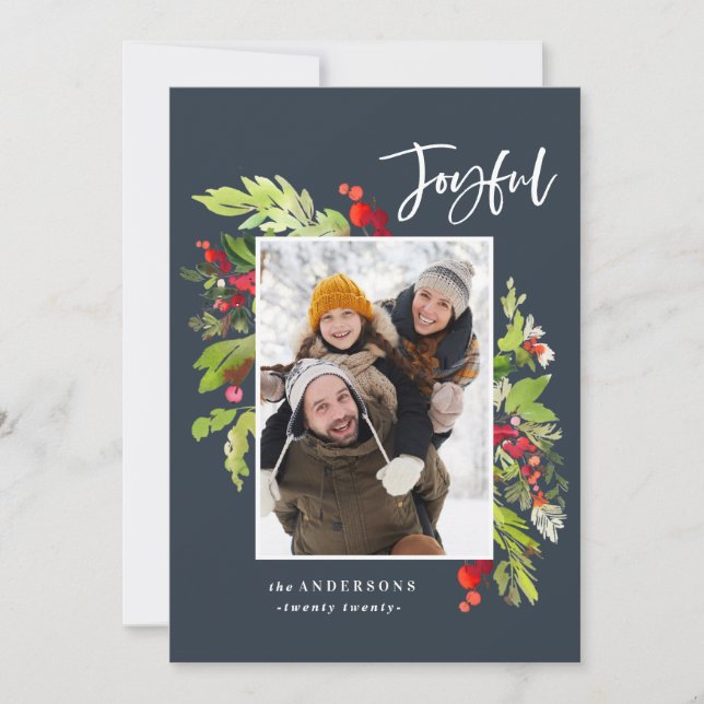 Joyful watercolor floral and foliage christmas holiday card (Front)