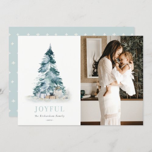 Joyful Watercolor Pine Christmas Tree Gift Photo Holiday Card