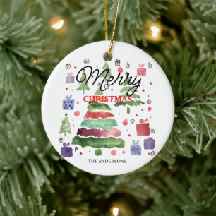 Joyful Watercolor Red Green Purple Blue Ceramic Ornament