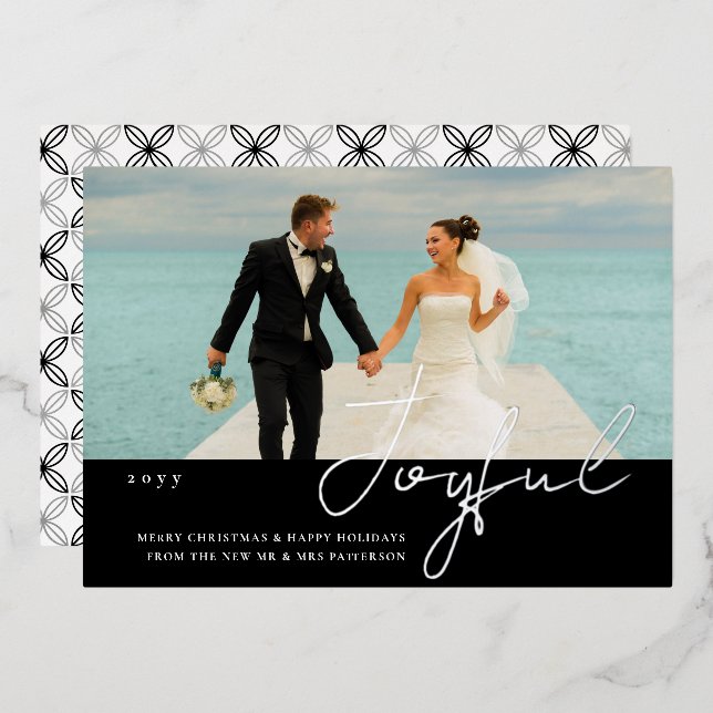 Joyful Wedding Mr & Mrs First Christmas Photo Foil Invitation (Front/Back)