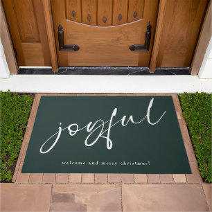 Joyful White Calligraphy Welcome Christmas Green Doormat