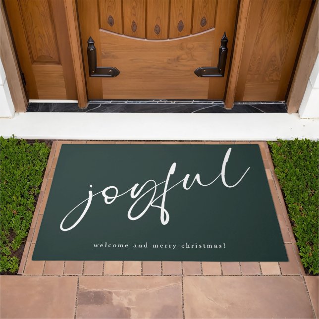 Joyful White Calligraphy Welcome Christmas Green Doormat (Outdoor)
