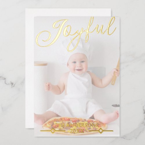 Joyful White Photo Overlay Chic Gold Foil Holiday Card