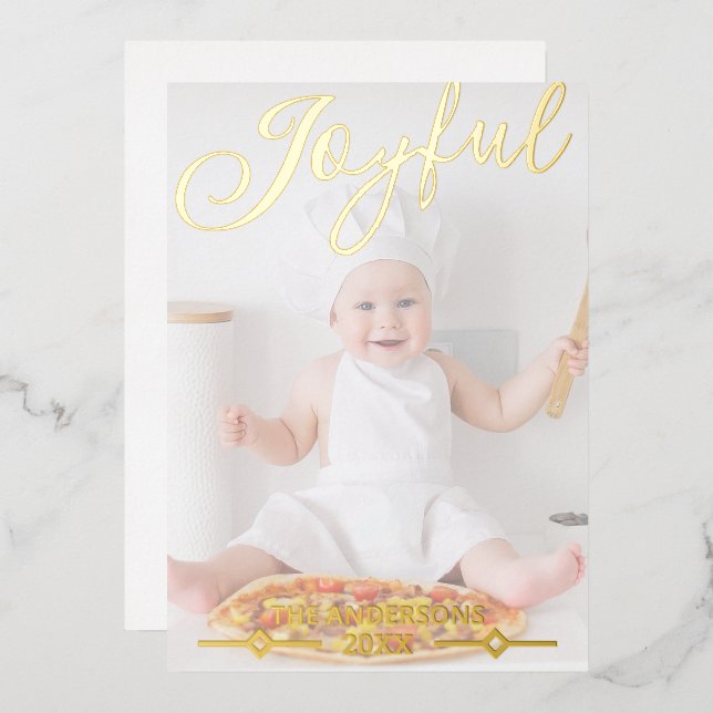 Joyful White Photo Overlay Chic Gold Foil Holiday Card (Front/Back)