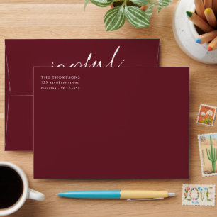 Joyful White Script Burgundy Return Name Address Envelope