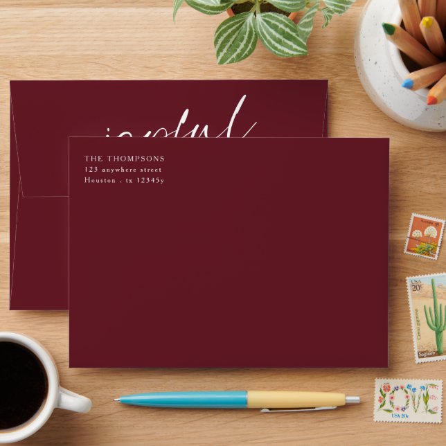 Joyful White Script Burgundy Return Name Address  Envelope (Desk)