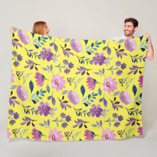 Joyful wildflower pattern Summer bright Yellow Fleece Blanket