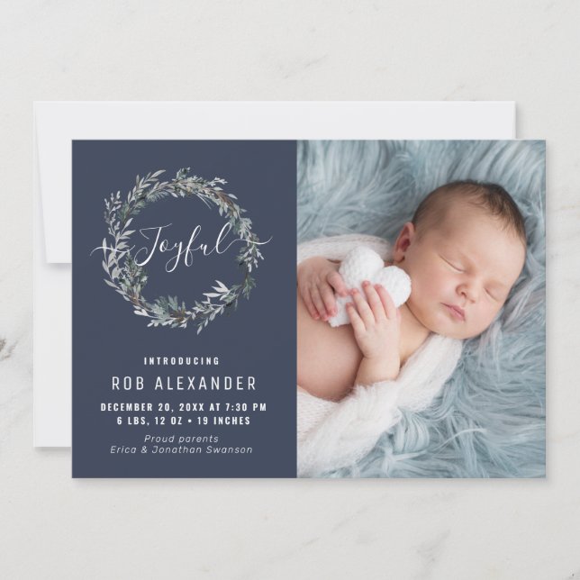 JOYFUL | winter wreath holiday birth announcement (Front)