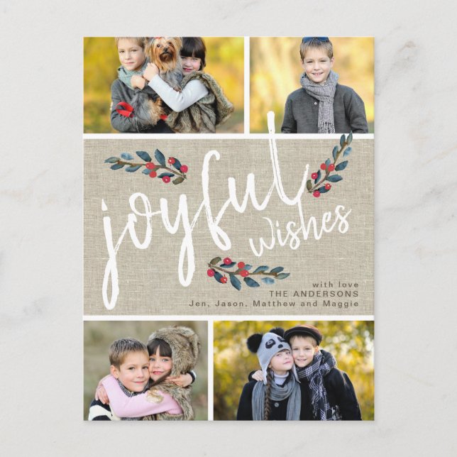 Joyful Wish Beige Linen Christmas 4 Photo Collage Holiday Postcard (Front)