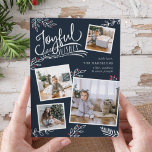 Joyful Wish | Christmas Photo Collage Card<br><div class="desc">Beautiful typography based holiday photo card features four of your favorite square family photos in a collage layout. "Joyful Wishes" appears at the top in white hand lettered typography on a rich navy blue background accented with white sketched leaves and red holly berries. Customize with your personal greeting, family names...</div>