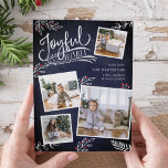 Joyful Wish | Christmas Photo Collage Card<br><div class="desc">Beautiful typography based holiday photo card features four of your favorite square family photos in a collage layout. "Joyful Wishes" appears at the top in white hand lettered typography on a navy blue chalkboard background accented with white sketched leaves and red holly berries. Customize with your personal greeting, family names...</div>