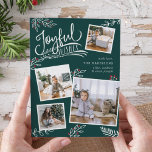 Joyful Wish | Christmas Photo Collage Card<br><div class="desc">Beautiful typography based holiday photo card features four of your favorite square family photos in a collage layout. "Joyful Wishes" appears at the top in white hand lettered typography on a dark spruce green background accented with white sketched leaves and red holly berries. Customize with your personal greeting, family names...</div>