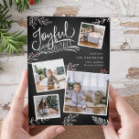 Joyful Wish | Christmas Photo Collage Card<br><div class="desc">Beautiful typography based holiday photo card features four of your favorite square family photos in a collage layout. "Joyful Wishes" appears at the top in white hand lettered typography on a charcoal gray chalkboard background accented with white sketched leaves and red holly berries. Customize with your personal greeting, family names...</div>
