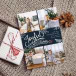 Joyful Wish | Christmas Photo Collage Card<br><div class="desc">Beautiful typography based holiday photo card features four of your favorite square family photos in a collage layout. "Joyful Wishes" appears in the center in white hand lettered typography on a rich navy blue background accented with white sketched leaves and red holly berries. Customize with your personal greeting, family names...</div>