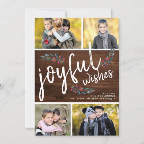 Joyful Wish Dark Wood Christmas 4 Photo Collage Holiday Card