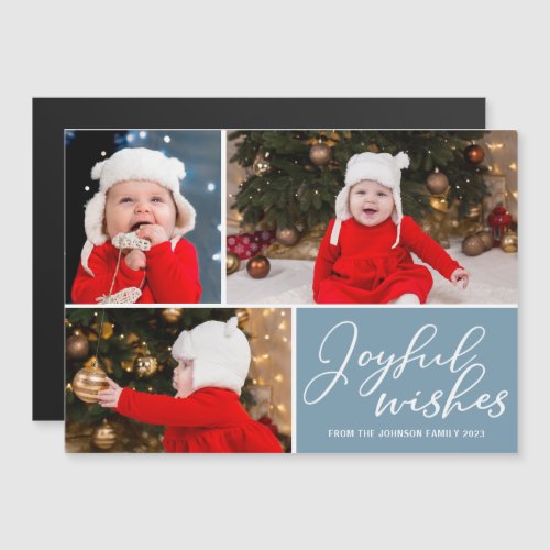 Joyful Wishes Blue Christmas 3 Photo Magnet Card