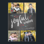 Joyful Wishes Chalkboard Christmas 4 Photo Collage Holiday Card<br><div class="desc">Joyful Wishes White Script and Sketched Watercolor Berries on Black Chalkboard 4 Photo Holiday Card . Design by Elke Clarke © Customize the photo collage with your family photos and name</div>