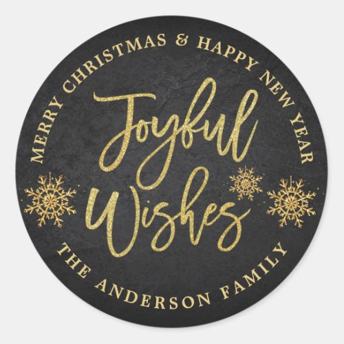 Joyful Wishes Chalkboard  Faux Gold Holiday Classic Round Sticker