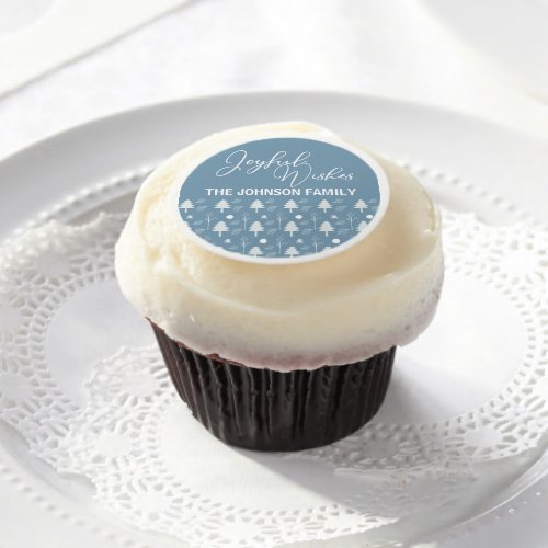 Joyful Wishes Chic Blue Trees Christmas Party Edible Frosting Rounds