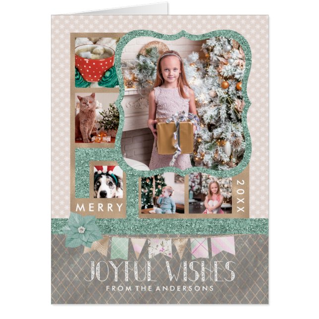 Joyful Wishes Christmas 6 Custom Photo Collage Card (Front)