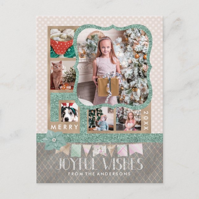 Joyful Wishes Christmas 6 Custom Photo Collage Holiday Postcard (Front)
