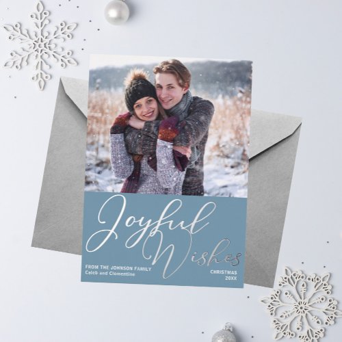 Joyful Wishes Christmas Photo Slate Blue Silver Foil Holiday Card