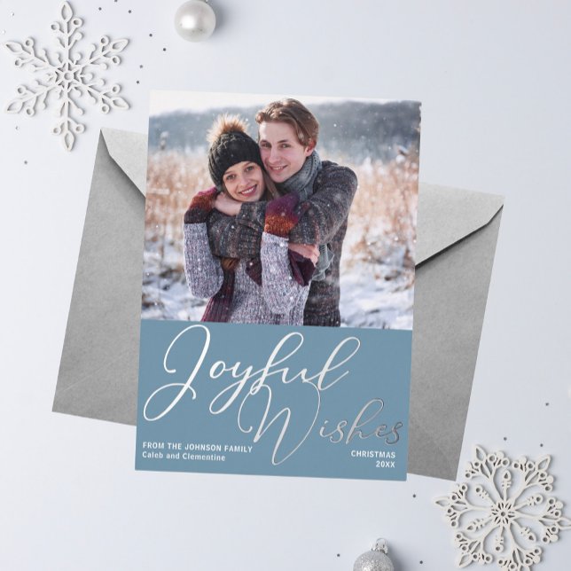 Joyful Wishes Christmas Photo Slate Blue Silver Foil Holiday Card (Creator Uploaded)