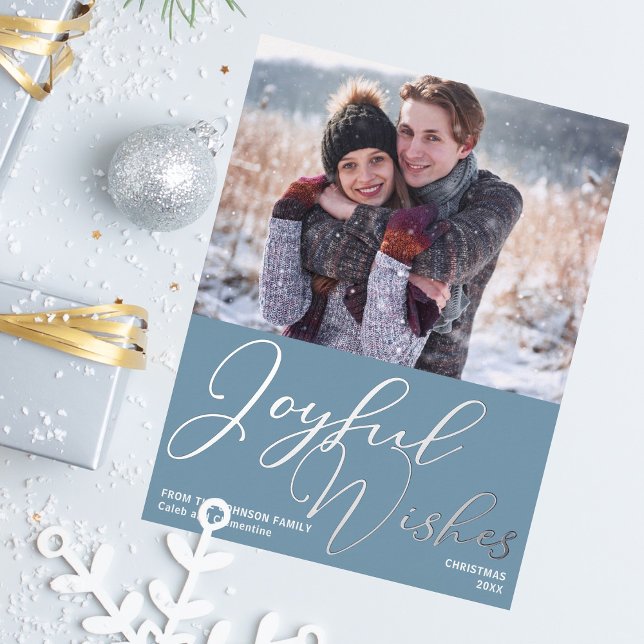 Joyful Wishes Christmas Photo Winter Blue Silver Foil Holiday Postcard (Creator Uploaded)