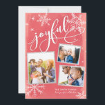 Joyful Wishes Christmas Red 3-Photo Collage Holiday Card<br><div class="desc">Spread joy and happiness this year with a card that pops! Featuring whimsical modern calligraphy script that says "joyful" on a textured red background and accented with white snowflakes and snowfall. Customize your photos, your family names and individual names. On the back, there is a pattern of white snowflakes and...</div>