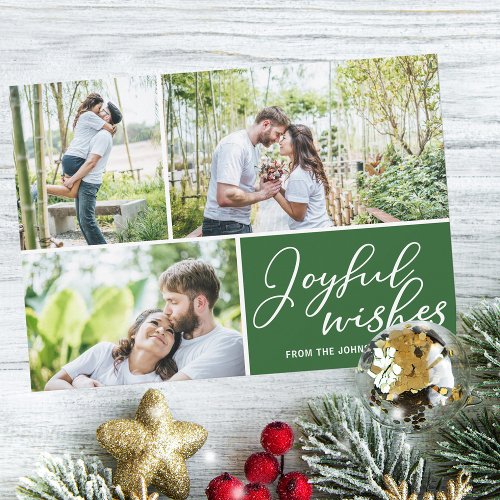 Joyful Wishes Festive Green Christmas Tree 3 Photo Holiday Card