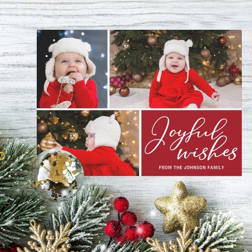 Joyful Wishes Festive Red Christmas Trees 3 Photo Holiday Card