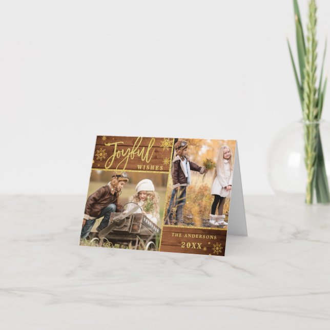 Joyful Wishes Gold Frame Rustic 3 PHOTO Greeting Holiday Card (Front)