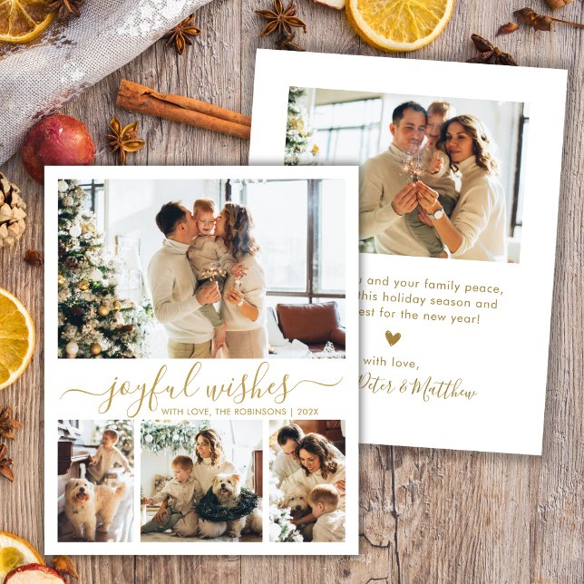 Joyful Wishes Gold Script 4 Photo Christmas Card (Creator Uploaded)