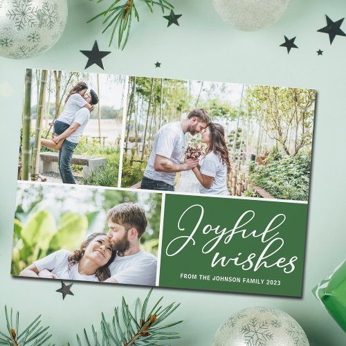 Joyful Wishes Green 3 Photo Christmas Magnet Card