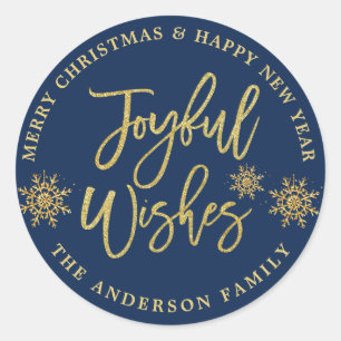 Joyful Wishes Navy Blue Faux Gold Classic Round Sticker