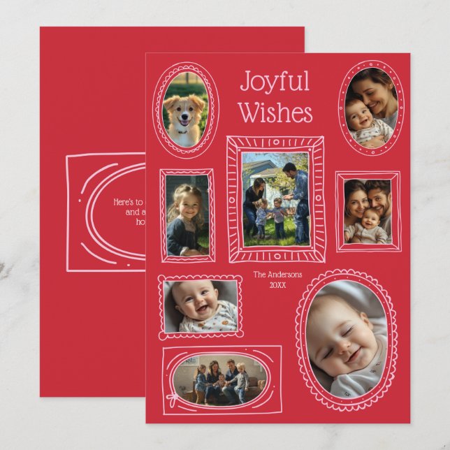 Joyful Wishes Red Doodle Photo Frame Collage Holiday Card (Front/Back)