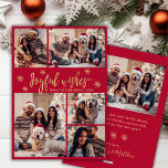 Joyful Wishes Red Gold Photo Collage Christmas Holiday Card<br><div class="desc">Elegant Modern Calligraphy Red and Gold Snowflake 5 Photo Collage Joyful Wishes Script Christmas Holidays Card. This festive, minimalist, five (5) photo holiday greeting card template featuring a grid photo collage, some snowflake and says „Joyful wishes”! whimsical greeting text is written in a beautiful hand lettered brush font script in...</div>