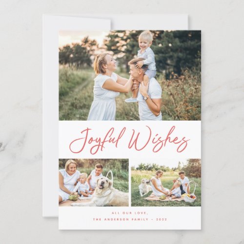 Joyful Wishes Red Script Christmas Photo Collage Holiday Card