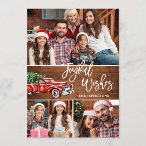 Joyful Wishes Retro Christmas Red Truck 3 PHOTO Holiday Card