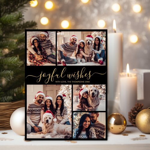 Joyful Wishes Script 5 Photo Collage Christmas  Holiday Card