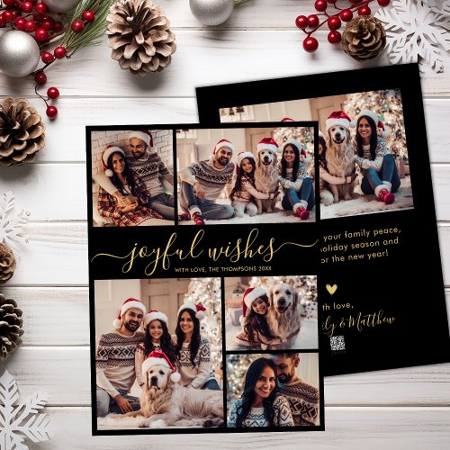 Joyful Wishes Script 5 Photo Collage Christmas  Holiday Card