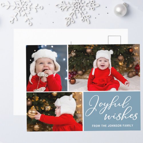 Joyful Wishes Slate Blue 3 Family Photo Holiday Postcard