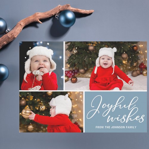 Joyful Wishes Slate Blue Christmas Trees 3 Photo Holiday Card
