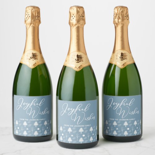 Joyful Wishes Slate Blue Christmas Trees Custom Sparkling Wine Label