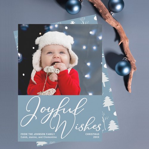 Joyful Wishes Slate Blue Modern Christmas Photo Holiday Card